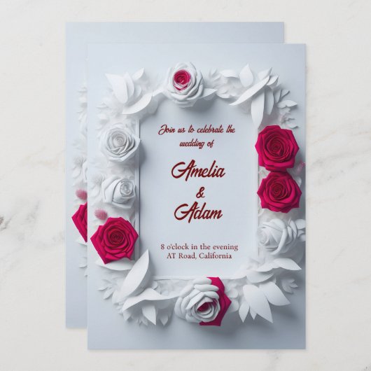 Bloeiende rood en wit roos bloem lijst bruiloft kaart (Voorkant / Achterkant)