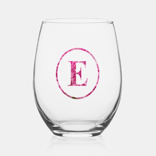Bloeiende Roze Bloemen Monogram Lettering Art "E" Wijnglas Zonder Voet (Voorkant)