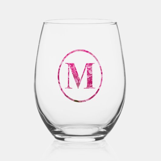 Bloeiende Roze Bloemen Monogram Lettering Art "M" Wijnglas Zonder Voet (Voorkant)