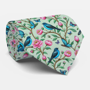 Bloeiende Roze Bloemen Zangvogels Groene Bladeren Stropdas