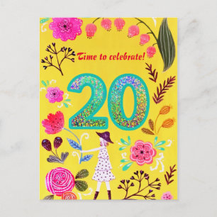 Bloeiende Roze Bloemige Chic Twintig Verjaardag Gl Briefkaart