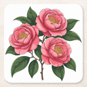 Bloeiende roze camellia bloemen met groene bladere kartonnen onderzetters