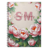 Bloeiende roze pioenroos bloemen en weelderige gro notitieboek (Voorkant)
