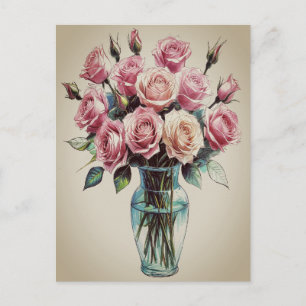 Bloeiende Rozen Bloemen Boeket Vaas Teken Kunst Feestdagenkaart