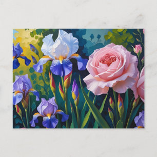Bloeiende rozen en paarse irisbloemen  feestdagenkaart