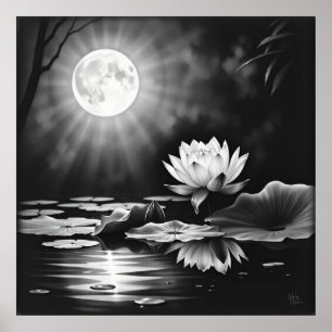 Bloeiende rust: Lotus houtskool kunst Poster