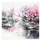 Bloeiende Sakura over River Ink Schilderen Foto Afdruk (Voorkant)