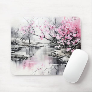 Bloeiende Sakura over River Ink Schilderen Muismat
