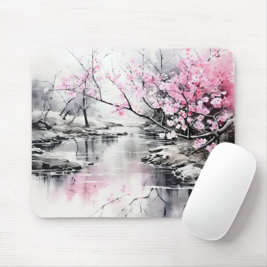 Bloeiende Sakura over River Ink Schilderen Muismat (Met muis)