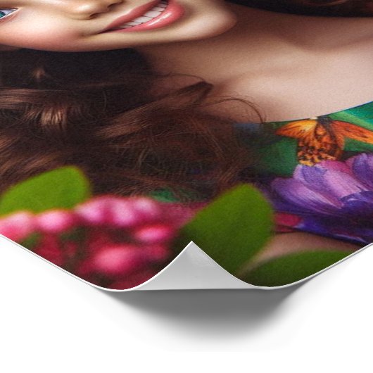 Bloeiende schoonheid: een glimlach tussen de bloem poster (Hoek)