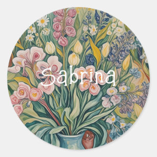Bloeiende schoonheid: pastelbloemen in een vaas ronde sticker
