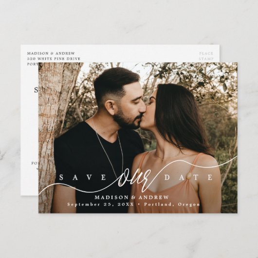 Bloeiende Script Foto Bewaar de Datum Aankondigingskaart (Voorkant / Achterkant)