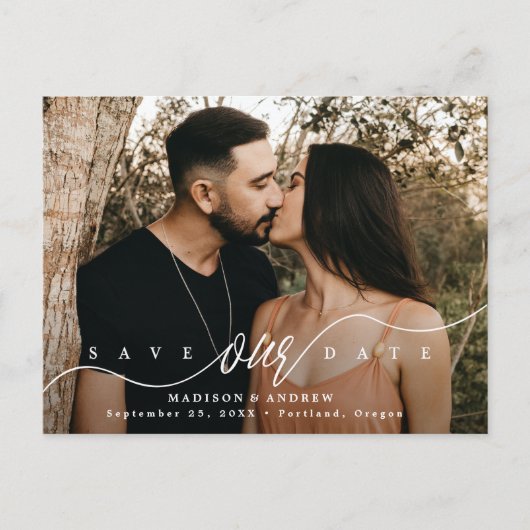 Bloeiende Script Foto Bewaar de Datum Aankondigingskaart (Voorkant)