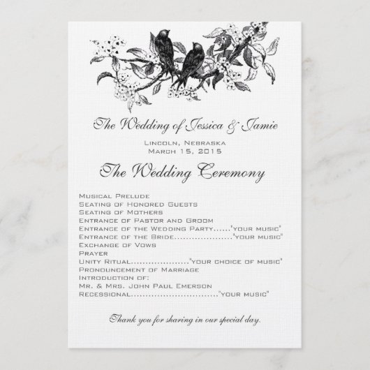 Bloeiende tak Love Bird bruiloft programma Programmakaart (Voorkant)