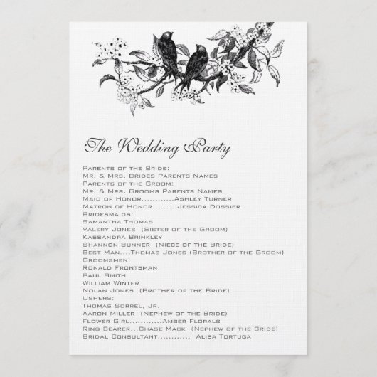 Bloeiende tak  Love Bird bruiloft programma Programmakaart (Achterkant)