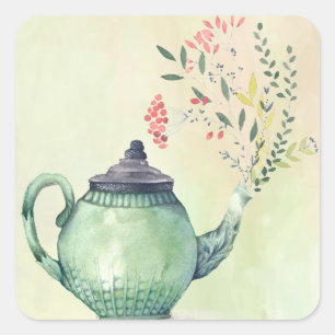 Bloeiende Theepot Vierkante Sticker