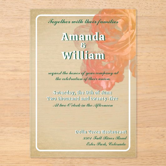 Bloeiende tijdloze romantische prachtige bruiloft acryl uitnodigingen (Voorkant)