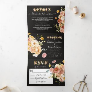Bloeiende Tuin Bloemen Donker & Moody Wedding Drieluik Uitnodiging