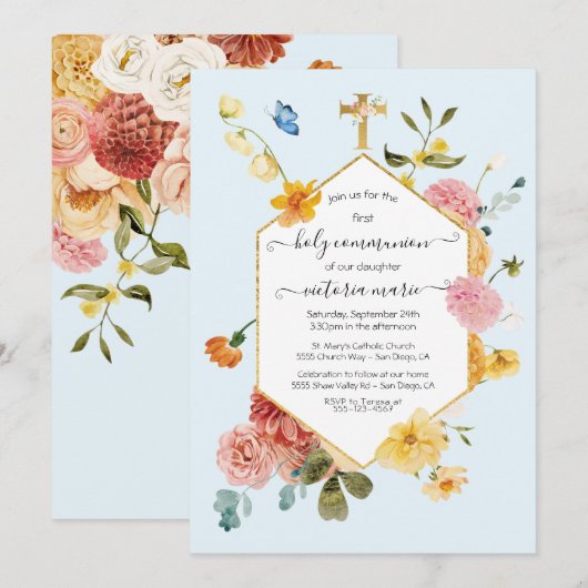 Bloeiende Tuin Bloemenlicht & Luchtige 1e Communie Kaart (Voorkant / Achterkant)