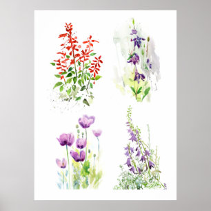 Bloeiende Tuin Kwartet Vier Botanische Aquarellen Poster
