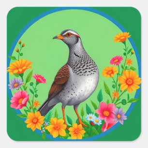 🐦 Bloeiende Tuinvogel Kleurrijk Bloemmotief Groen Vierkante Sticker