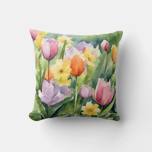 Bloeiende tulpen in waterverf kussen (Voorkant)