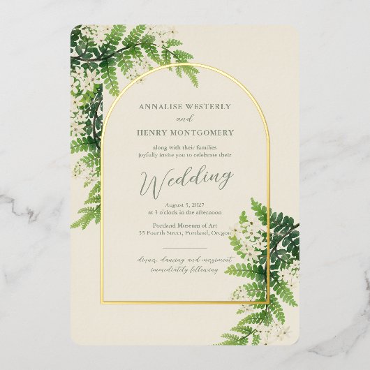 Bloeiende varens bruiloft boog folie uitnodiging (Voorkant)