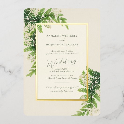 Bloeiende varens bruiloft folie uitnodiging (Voorkant)