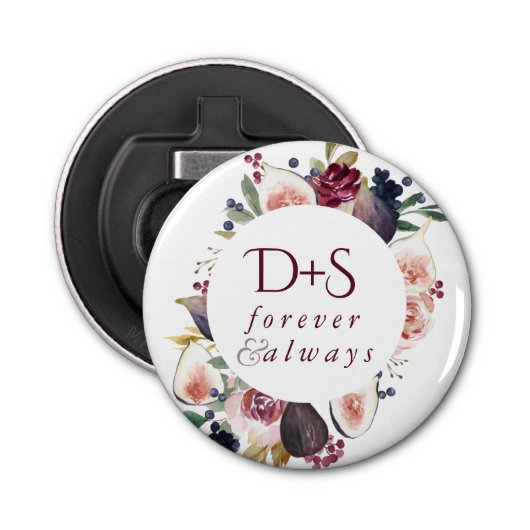 Bloeiende vijgen | Moody rustieke Monogram krans Button Flesopener (Voorkant)