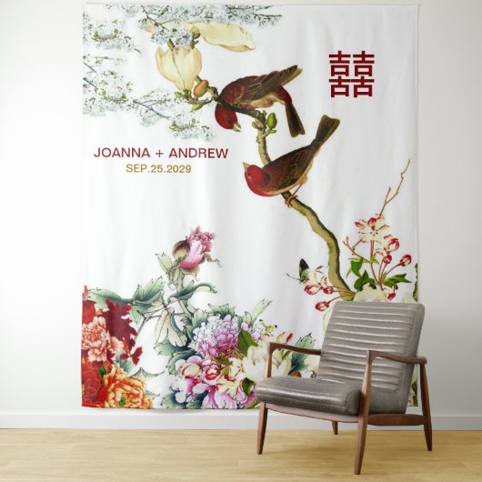 Bloeiende Vogels & Bloemen Chinese Trouw © Wandkleed (In situ)