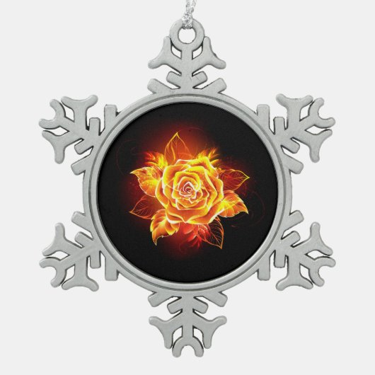 Bloeiende Vuur Roos Tin Sneeuwvlok Ornament (Voorkant)