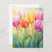 Bloeiende Waterverf Spring Tulip Garden Aankondigingskaart (Voorkant / Achterkant)