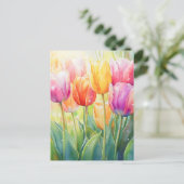 Bloeiende Waterverf Spring Tulip Garden Aankondigingskaart (Staand voorkant)