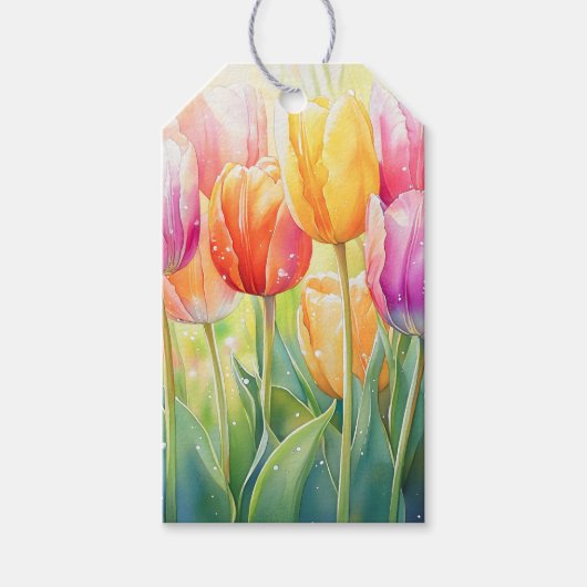 Bloeiende Waterverf Spring Tulip Garden Cadeaulabel (Voorkant)