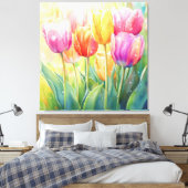 Bloeiende Waterverf Spring Tulip Garden Canvas Afdruk (Insitu (Slaapkamer))