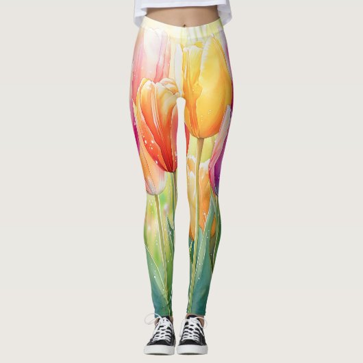 Bloeiende Waterverf Spring Tulip Garden Leggings (Voorkant)