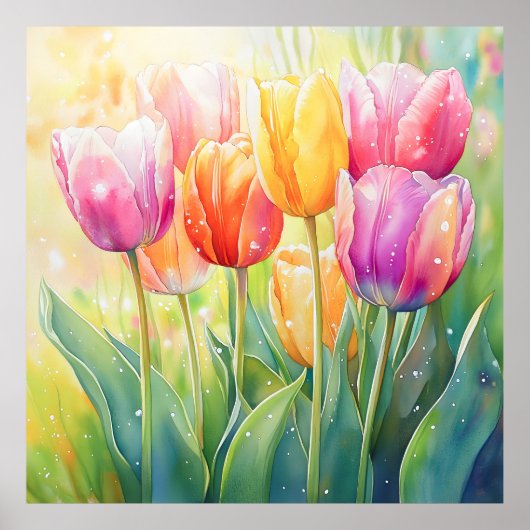 Bloeiende Waterverf Spring Tulip Garden Poster (Voorkant)
