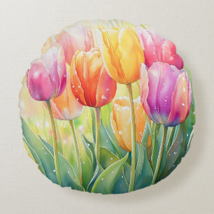Bloeiende Waterverf Spring Tulip Garden Rond Kussen