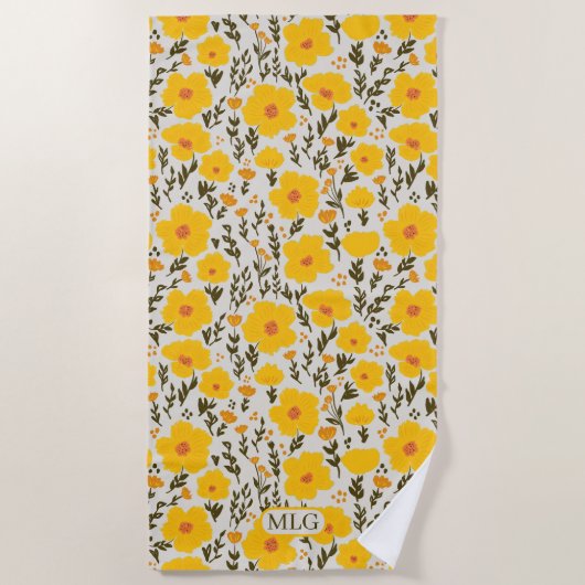 Bloeiende weide gele bloemen patroon & Monogram Strandlaken (Voorkant)