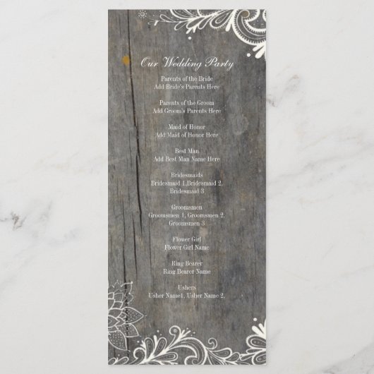 Bloeiende wervelingen kant hout land bruiloft prog programmakaart (Achterkant)