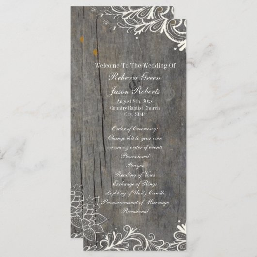 Bloeiende wervelingen kant hout land bruiloft prog programmakaart (Voorkant / Achterkant)