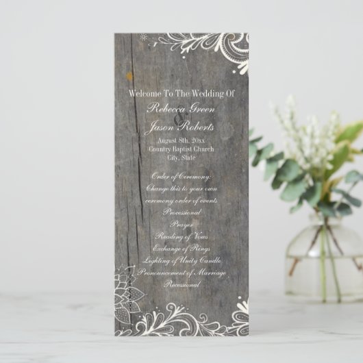 Bloeiende wervelingen kant hout land bruiloft prog programmakaart (Staand voorkant)