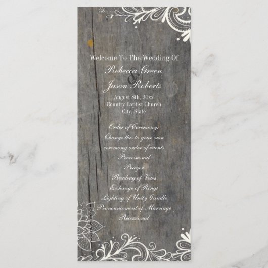 Bloeiende wervelingen kant hout land bruiloft prog programmakaart (Voorkant)