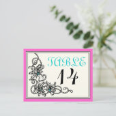 Bloeiende wijnstok roze turquoise trouwtafel numme briefkaart (Staand voorkant)