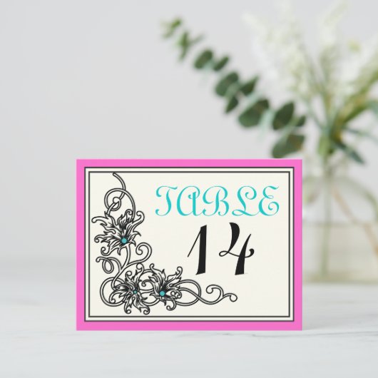 Bloeiende wijnstok roze turquoise trouwtafel numme briefkaart (Staand voorkant)