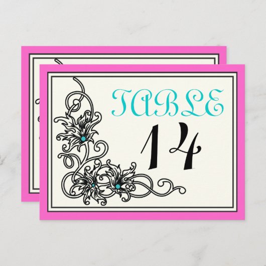 Bloeiende wijnstok roze turquoise trouwtafel numme briefkaart (Voorkant / Achterkant)