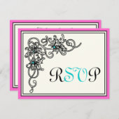Bloeiende wijnstok zwart roze turquoise bruiloft R RSVP Kaartje (Voorkant / Achterkant)