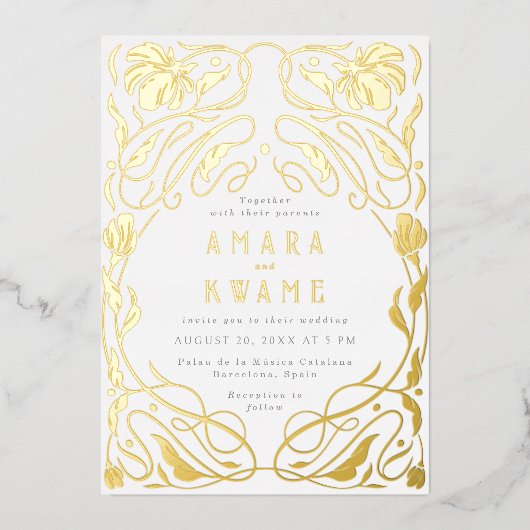 Bloeiende wijnstokken Botanische Art Nouveau Goud Folie Uitnodiging (Voorkant)