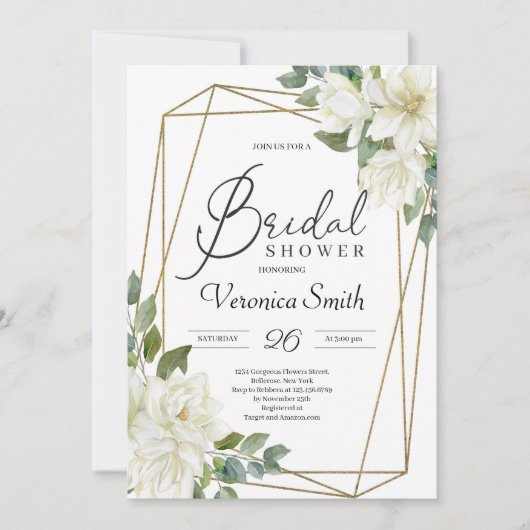 Bloeiende witte magnolia bloemengoud lijst bruid kaart (Voorkant)