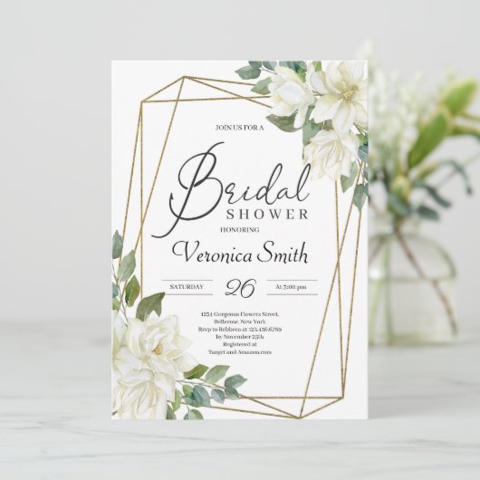 Bloeiende witte magnolia bloemengoud lijst bruid kaart (Staand voorkant)